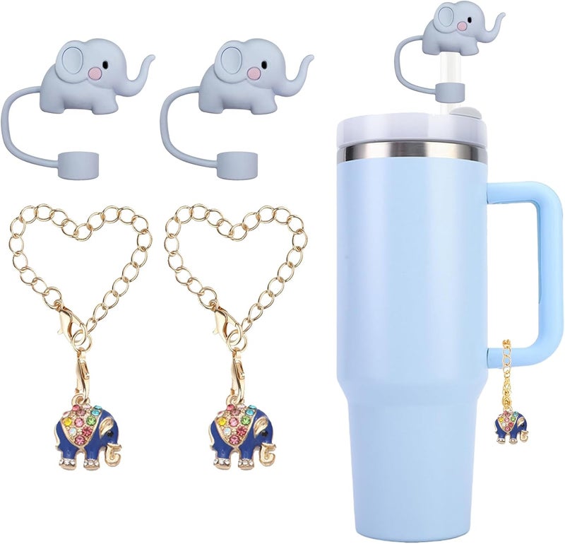 Kleeblatt Elephant Covers Cap For Stanley Cup, 2pcs 10mm Cute Silicone Straw Toppers For Tumblers With 2pcs Elephant Charms Personalized, Stanley Cup Accessories - Image 1